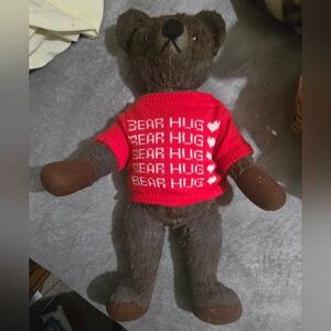 Antique Brown Teddy Bear with Red 'Bear Hug' Sweater